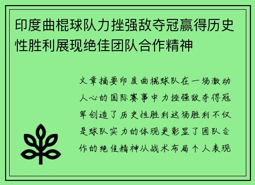 印度曲棍球队力挫强敌夺冠赢得历史性胜利展现绝佳团队合作精神