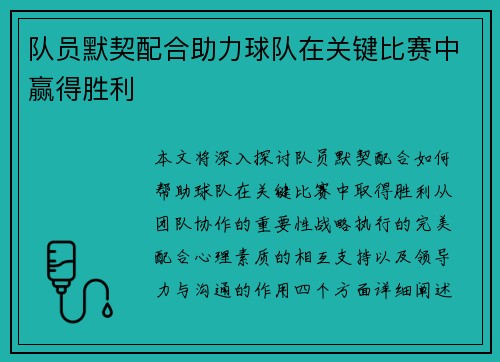 队员默契配合助力球队在关键比赛中赢得胜利