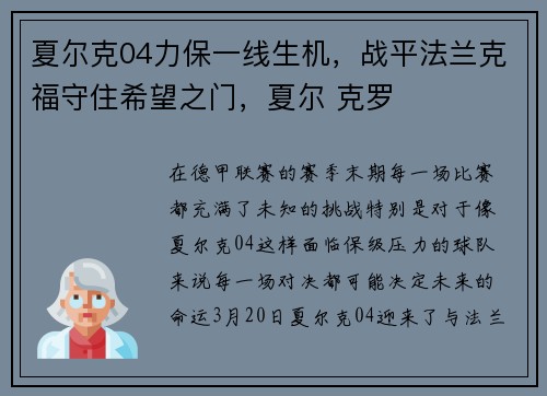 夏尔克04力保一线生机，战平法兰克福守住希望之门，夏尔 克罗