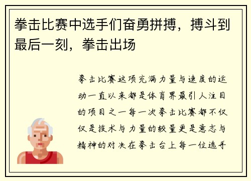 拳击比赛中选手们奋勇拼搏，搏斗到最后一刻，拳击出场