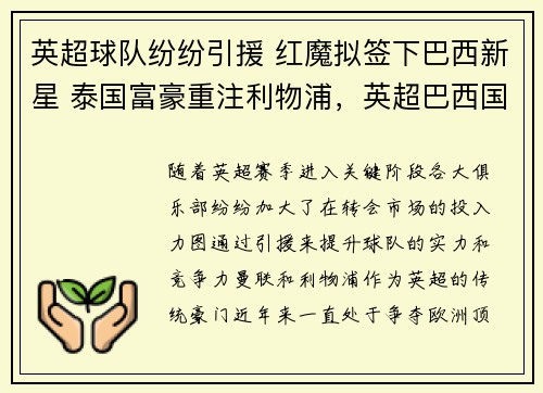 英超球队纷纷引援 红魔拟签下巴西新星 泰国富豪重注利物浦，英超巴西国脚
