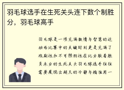 羽毛球选手在生死关头连下数个制胜分，羽毛球高手