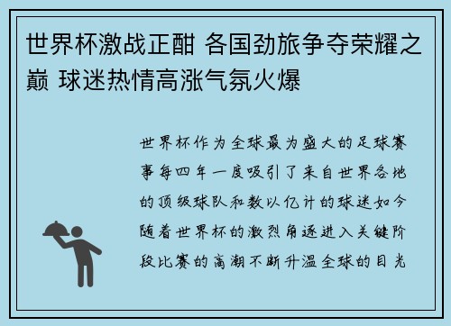 世界杯激战正酣 各国劲旅争夺荣耀之巅 球迷热情高涨气氛火爆