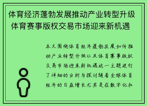 体育经济蓬勃发展推动产业转型升级 体育赛事版权交易市场迎来新机遇