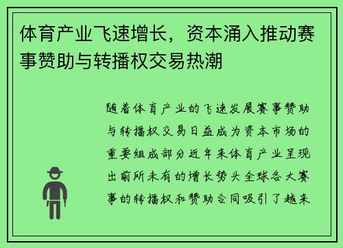 体育产业飞速增长，资本涌入推动赛事赞助与转播权交易热潮
