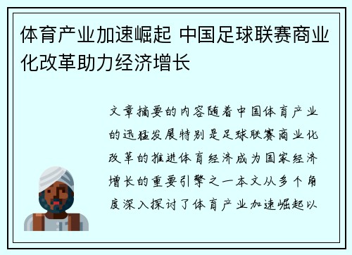 体育产业加速崛起 中国足球联赛商业化改革助力经济增长