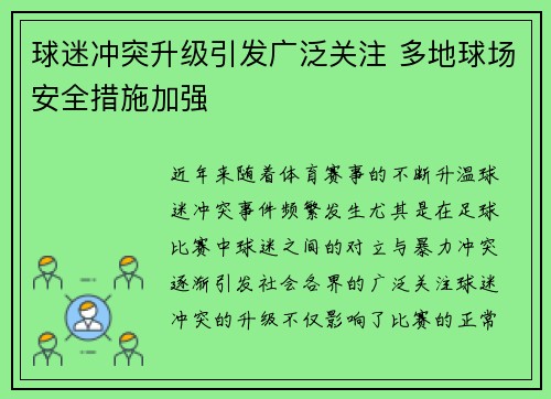球迷冲突升级引发广泛关注 多地球场安全措施加强