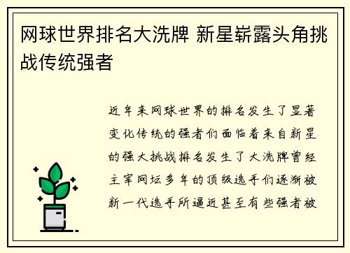 网球世界排名大洗牌 新星崭露头角挑战传统强者