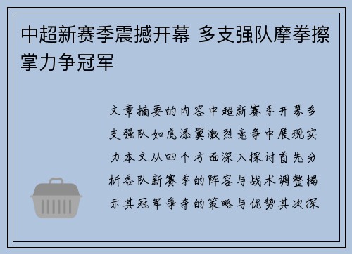 中超新赛季震撼开幕 多支强队摩拳擦掌力争冠军