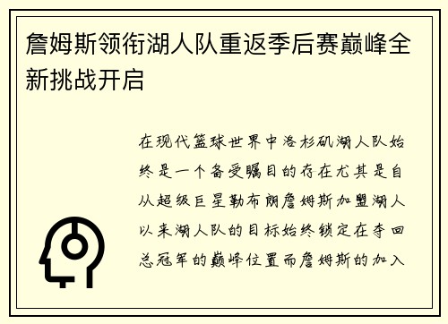 詹姆斯领衔湖人队重返季后赛巅峰全新挑战开启