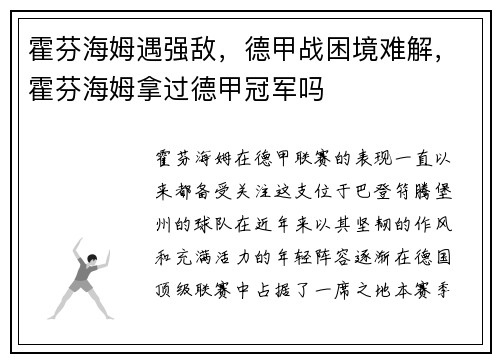 霍芬海姆遇强敌，德甲战困境难解，霍芬海姆拿过德甲冠军吗