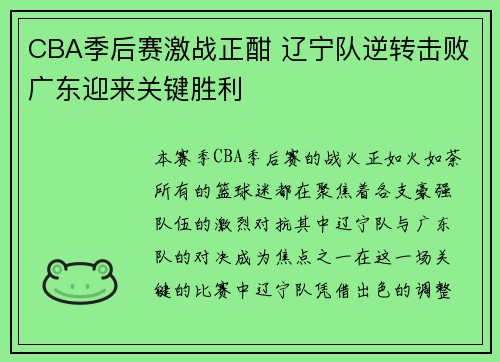 CBA季后赛激战正酣 辽宁队逆转击败广东迎来关键胜利